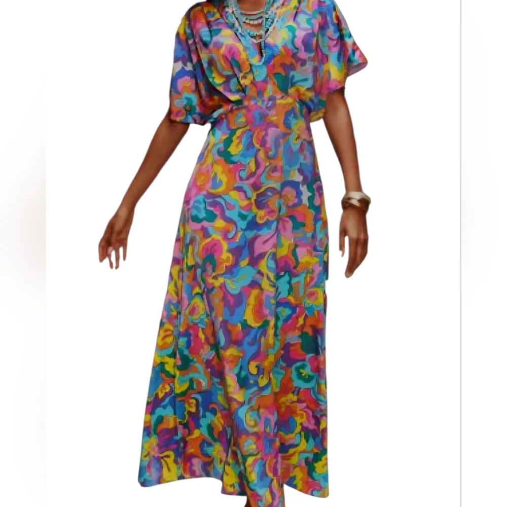 Boston Proper Abstract Sol Print V Neck Colorful Floral Maxi Dress. M - Picture 2 of 14